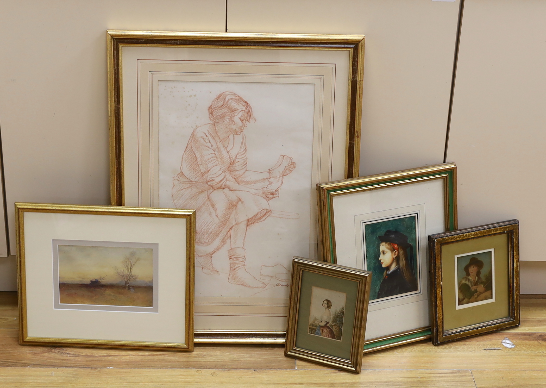 Five various paintings and prints including a mid Victorian watercolour portrait of a lady, a sanguine chalk study and a watercolour portrait of a young girl, indistinctly signed, possibly Henner, largest 49 x 33cm